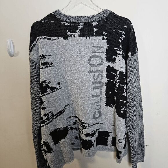 Collusion Jacquard Oversized Sweater Crew Unisex Black/Gray Size Large - Picture 3 of 4